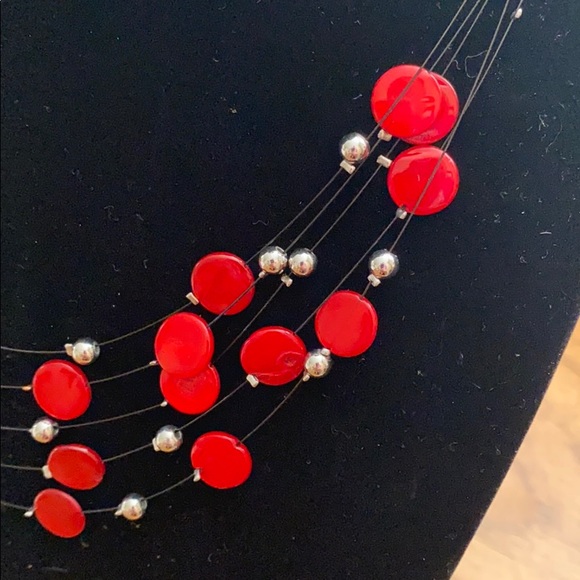 Multi-strand Red and Silver Necklace - Picture 2 of 3